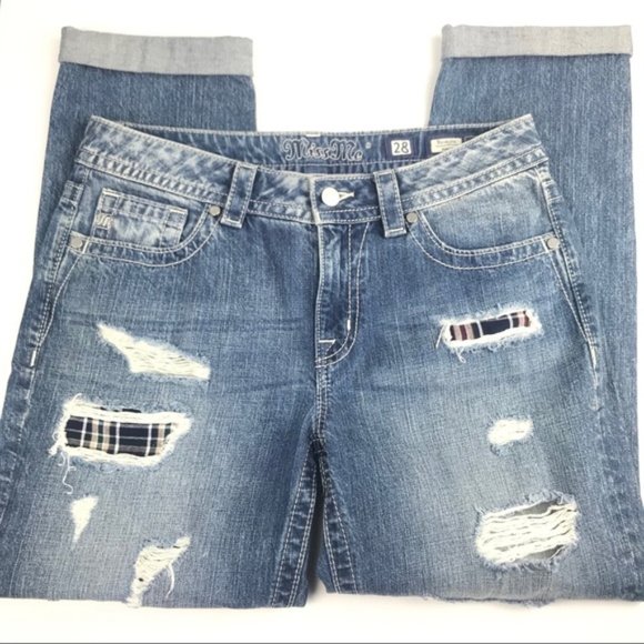 Miss Me Torn Plaid Patch Boyfriend Ankle Jeans 28 - Picture 4 of 8